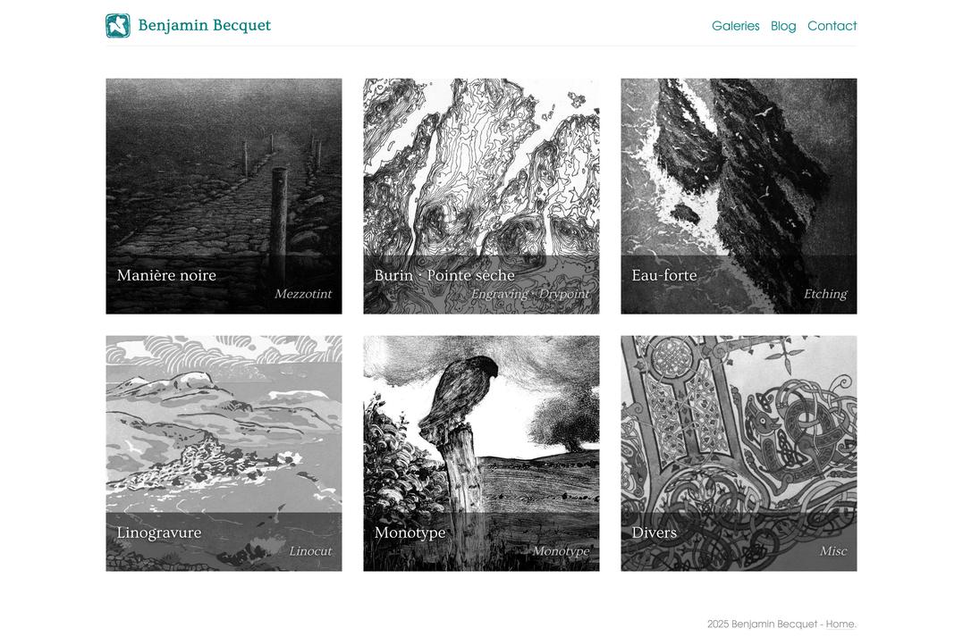 Capture d'écran de la section 'Art' de ce site, montrant six galeries d'image différentes