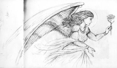 Dessin au crayon d'une ange dans une position rappelant celle des Annonciations des tableaux de la Renaissance : de profil, vers la droite, les mains devant elle, et de grandes ailes ornées déployées dans le dos. Celle-ci tient une tige de myosotis dans la main gauche.