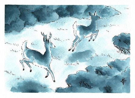 Dessin à l'encre bleue de deux daims vus en train de s'enfuir en bondissant entre des buissons.