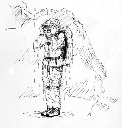 Dessin au stylo noir d'un randonneur dégoulinant de pluie.