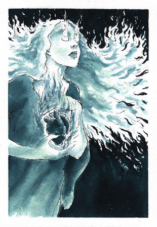 Dessin à l'encre bleue d'une femme à l'air extatique, regardant vers le haut, les cheveux et les yeux faits de feu. Elle tient contre sa poitrine un cœur lui aussi en flammes.