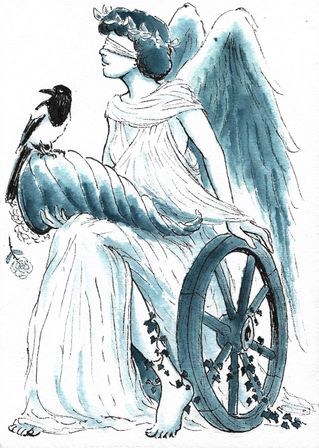 Dessin à l'encre bleue d'une allégorie de la Fortune, en grande toge, assise, avec divers attributs classiques (roue, yeux bandés, corne d'abondance). Et une pie perchée sur son genou parce que pourquoi pas.