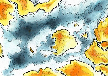 Carte de relief d'une région côtière fictive, la profondeur de l'eau est rendue à l'encre bleue, les hauteurs de terrain à l'encre jaune.