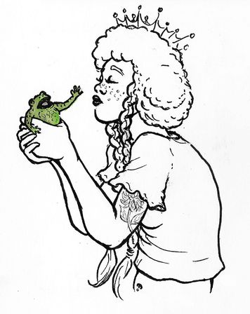 Dessin au feutre noir de d'une jeune femme avec une couronne tenant un crapaud dans les mains et cherchant à l'embrasser. Le crapaud n'a pas l'air d'accord.