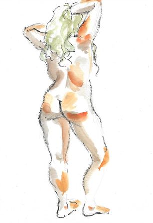 Modèle nue peinte au feutre et à l'aquarelle